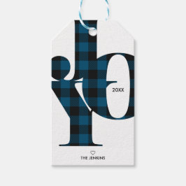 Étiquettes-cadeau Joie Typographie Bleu Buffalo Plaid Holiday