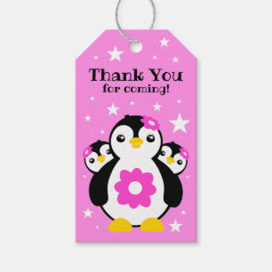 Étiquettes-cadeau Joli Anniversaire Pingouins Fleurs Roses