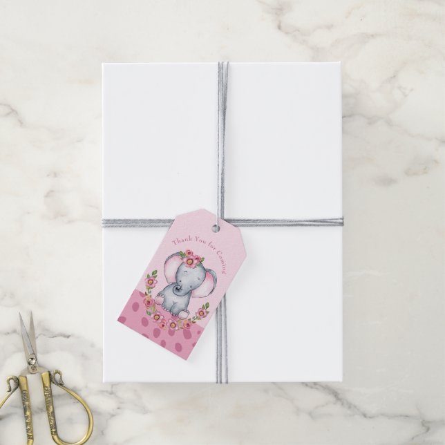 Étiquettes-cadeau Joli Baby shower Floral Éléphant rose Boho (Avec de la ficelle)
