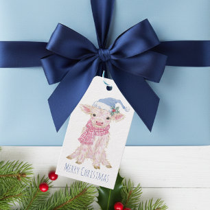 Étiquettes-cadeau Joli bébé veau de vache Highland à Noël