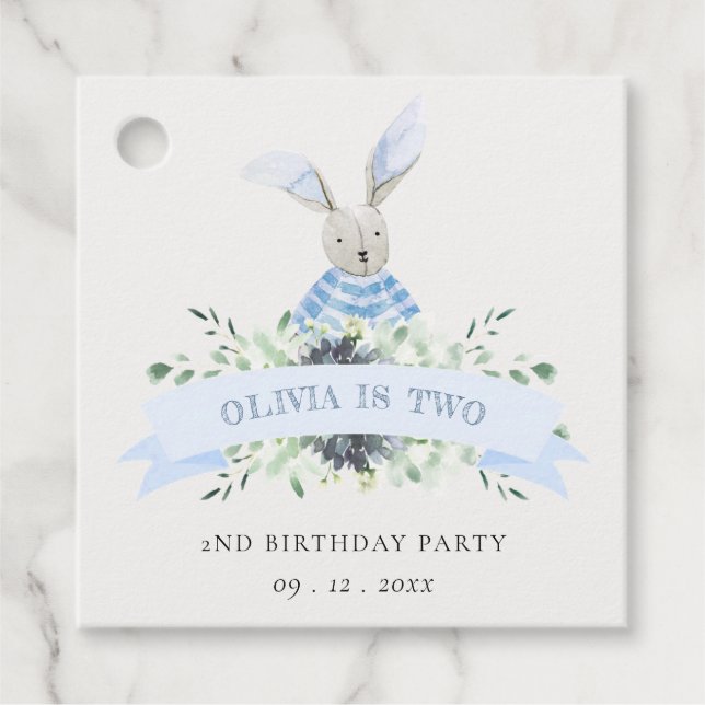 Étiquettes Cadeau Joli Bleu Aqua Bunny Foliver N'Importe Quel Âge An (Devant)