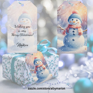 Étiquettes-cadeau Joli bonhomme de neige aquarelle dans un pays des