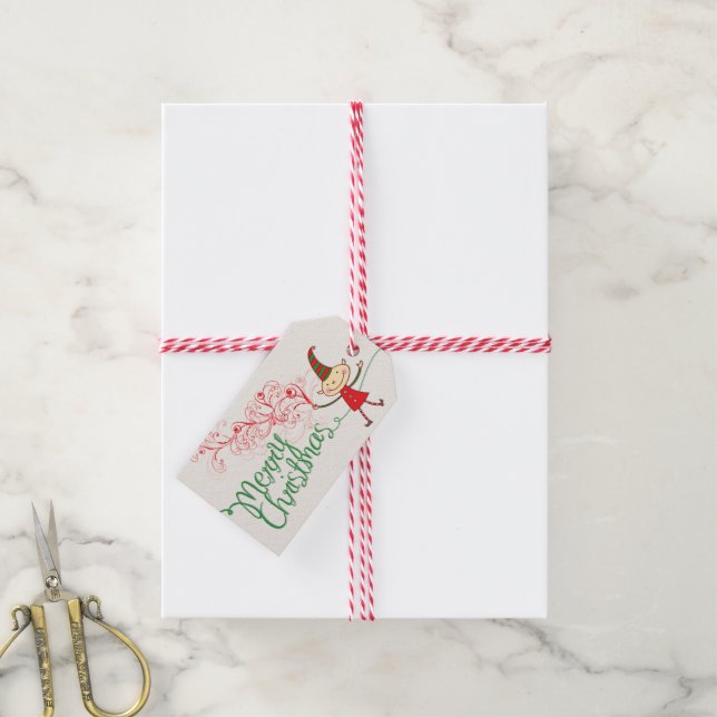 Étiquettes-cadeau Joli Cartoon Elf Magique Joyeux Noël (With Twine)
