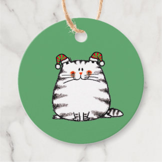 Étiquettes Cadeau Joli Chat Grassouillet Deux Chapeaux de Noël