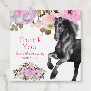 Étiquettes Cadeau Joli Cheval Noir avec Fleurs Roses Anniversaire