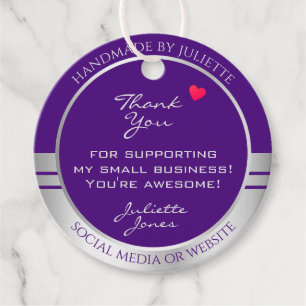 Étiquettes Cadeau Joli coeur violet et Merci d'emballage en argent