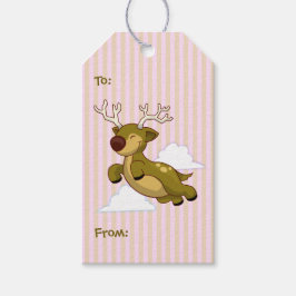Étiquettes-cadeau Joli Flying Rudolph Reindeer Pink Stripes