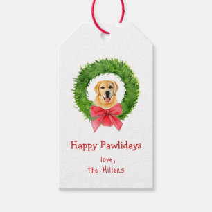 Étiquettes-cadeau Joli Golden Retriever et couronne de Noël