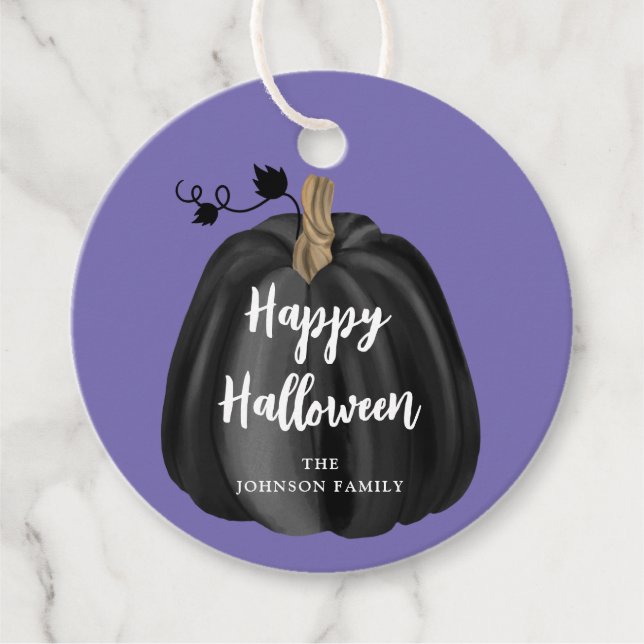 Étiquettes Cadeau Joli Halloween Citrouille de script mou violet (Devant)