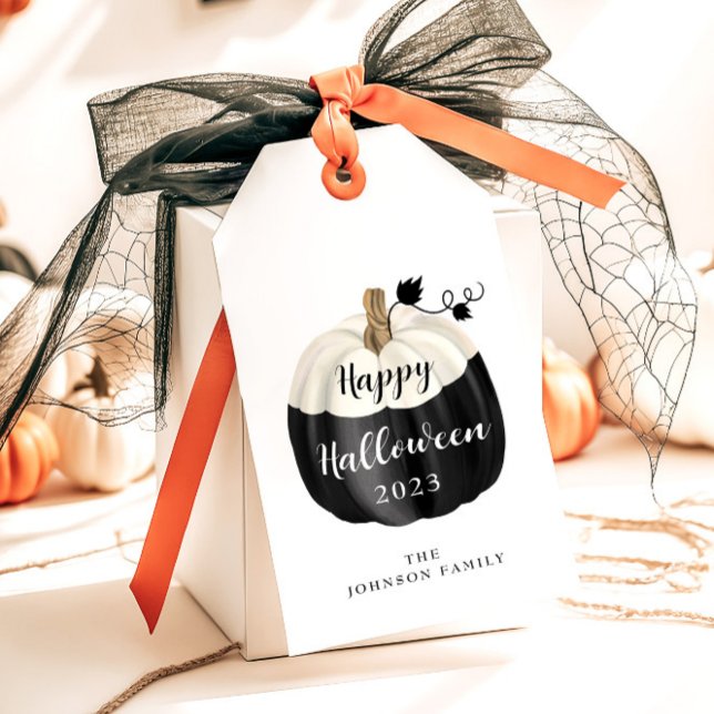 Étiquettes-cadeau Joli Halloween Noir Et Blanc Citrouille (Cute Black And White Pumpkin Happy Halloween Gift Tags)