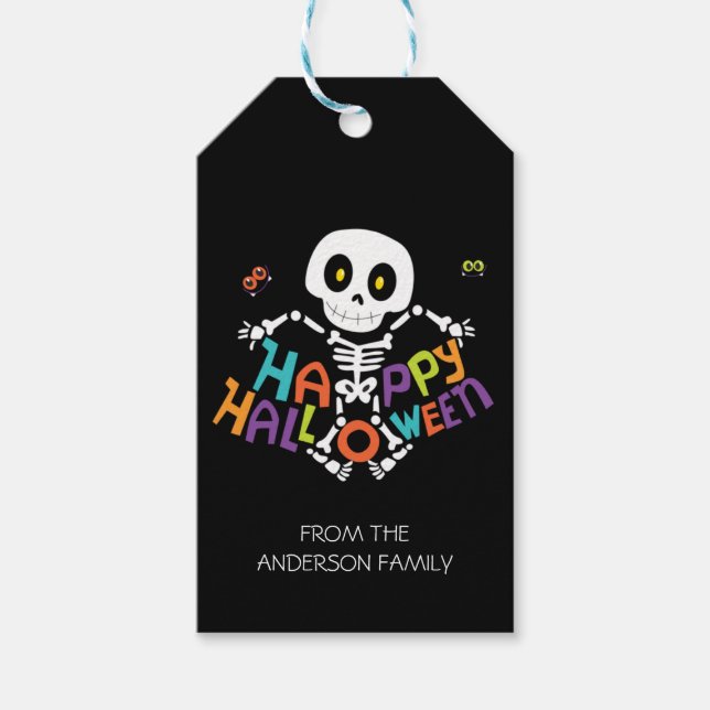 Étiquettes-cadeau Joli Halloween squelette Nom personnalisé (Devant)