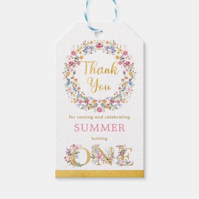 Étiquettes-cadeau Joli Jardin Fleur sauvage Wreath Girls 1er anniver (Devant)