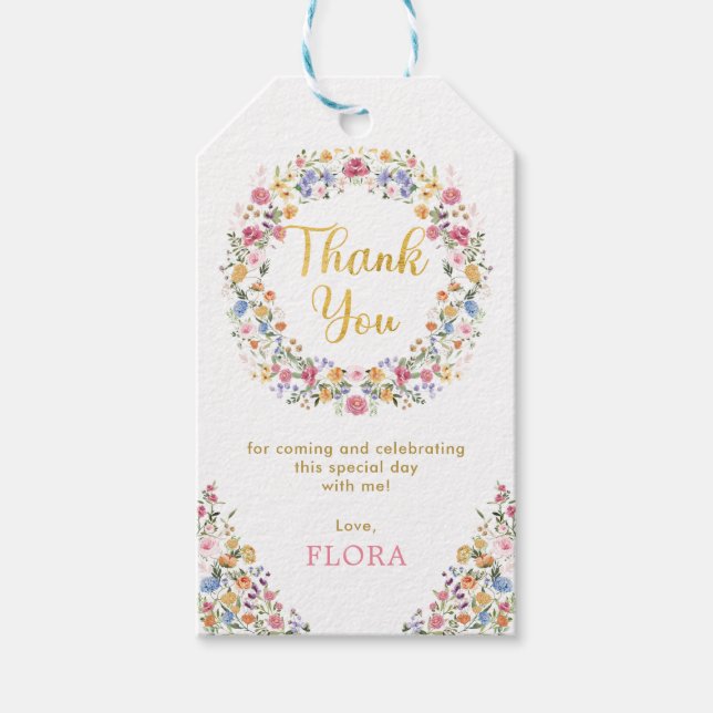 Étiquettes-cadeau Joli Jardin Fleur sauvage Wreath Girls 1er anniver (Devant)