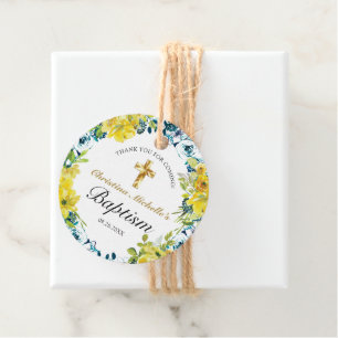 Étiquettes Cadeau Joli Jaune Floral Gold Cross Baptism Réception