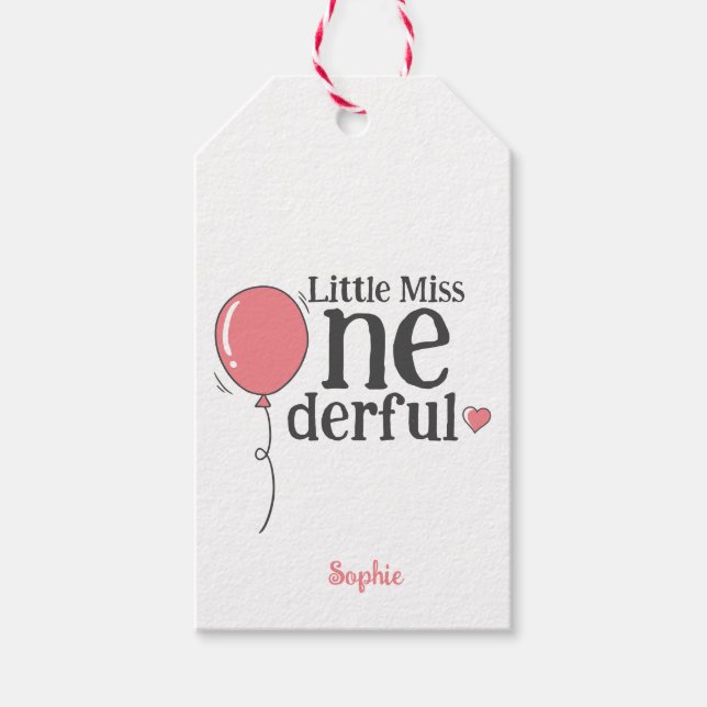 Étiquettes-cadeau Joli Miss Onederful Pink Balloon personnalisé (Devant)