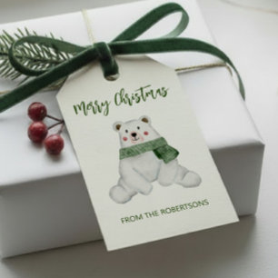 Étiquettes-cadeau Joli ours polaire portant une écharpe verte Noël