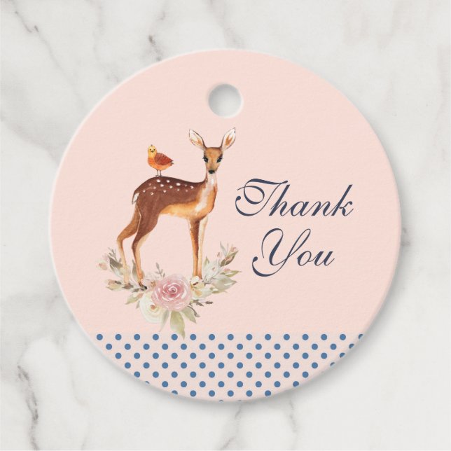 Étiquettes Cadeau Joli pape Brown avec oiseaux et Merci Rose (Devant)
