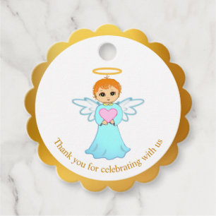 Étiquettes Cadeau Joli petit ange merci sur fond doré et blanc