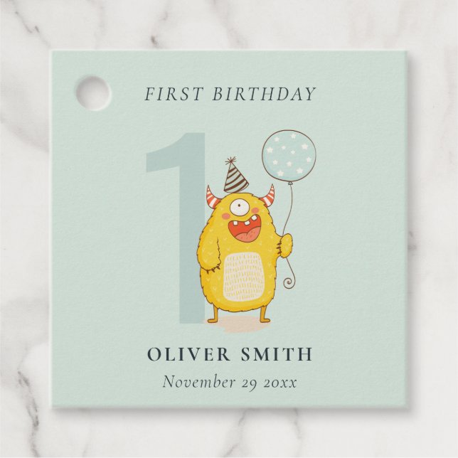 Étiquettes Cadeau Joli Petit Monstre Jaune À Tout Âge Anniversaire (Devant)