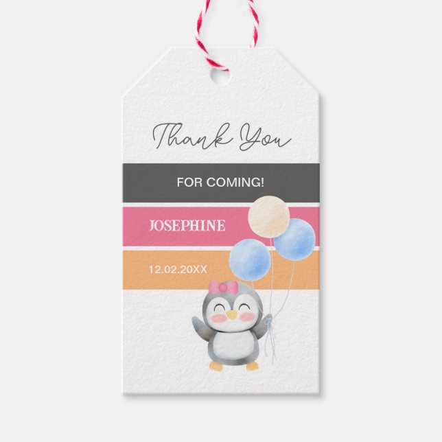 Étiquettes-cadeau Joli Pingouin Balloon Fille Anniversaire Merci (Devant)