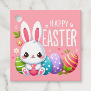 Étiquettes Cadeau Joli, rose et heureux lapin de Pâques
