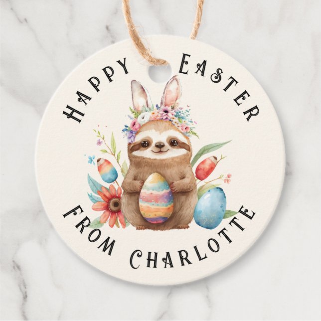 Étiquettes Cadeau Joli Sloth Joyeux lapin de Pâques Nom des oeufs de (Devant)