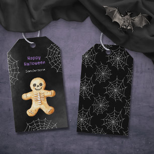 Étiquettes-cadeau Joli squelette de cookie d'Halloween noir