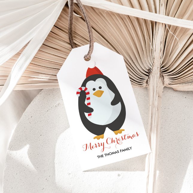 Étiquettes-cadeau Joli Sucre de canne de Noël Pingin (Penguin Christmas gift tag for a cute way to personalize with your family name for wrapping. )