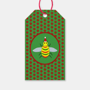 Étiquettes-cadeau Jolie abeille de Noël et fleurs de Poinsettia