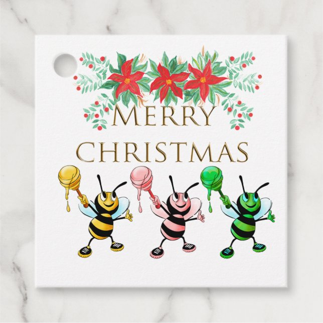Étiquettes Cadeau Jolie Abeilles de Miel Or Joyeux Noël (Devant)