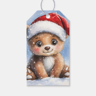Étiquettes-cadeau Jolie aquarelle de Noël d'hiver de nounours Santa