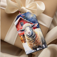 Jolie aquarelle Moutons de Noël et Grange rustique