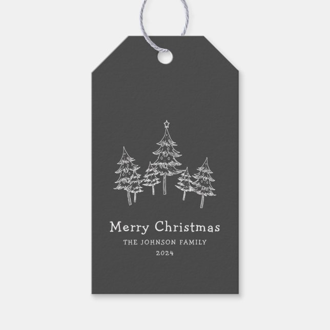 Étiquettes-cadeau Jolie Chalk Arbres de Noël Noir Blanc (Devant)