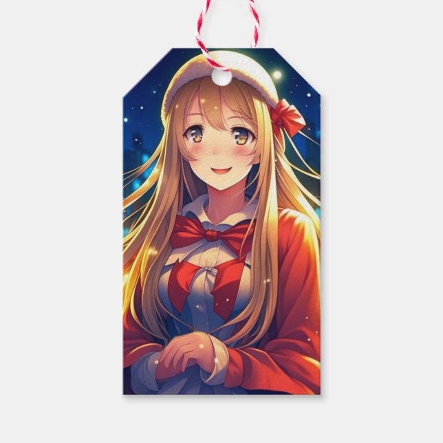Étiquettes-cadeau Jolie fille Anime pendant Noël de jour d'hiver (Devant)