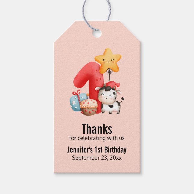 Étiquettes-cadeau Jolie vache 1er anniversaire Merci (Devant)