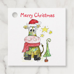 Étiquettes Cadeau Jolie vache de Noël Whimsical