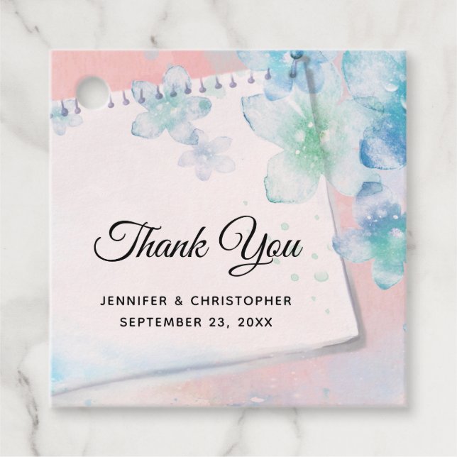 Étiquettes Cadeau Jolies fleurs bleues sur Mariage rose (Devant)