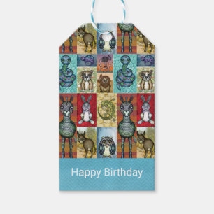 Étiquettes-cadeau Jote Animal Collage Folk Art Design Joyeux anniver