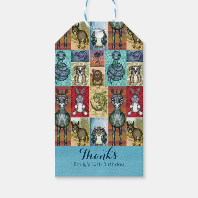 Étiquettes-cadeau Jote Animal Collage Folk Art Design Merci (Devant)