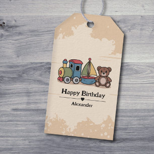 Étiquettes-cadeau Jouets en bois avec train, voilier et ours en pelu