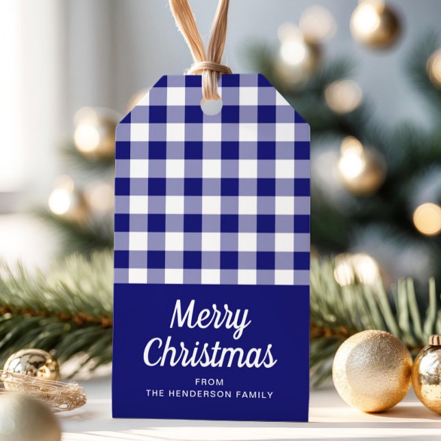 Étiquettes-cadeau Jour de Noël avec code bleu (Blue Checked Script Christmas Gift Tags)