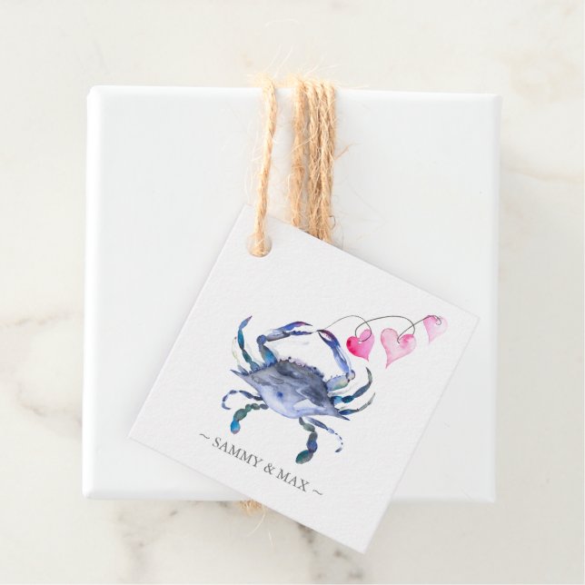 Étiquettes Cadeau Jour des Valentines du crabe bleu aquarelle (En situation)