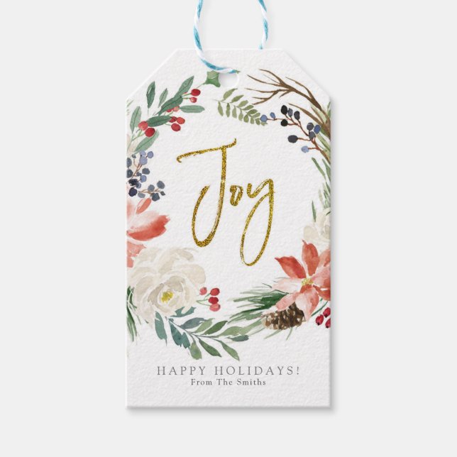 Étiquettes-cadeau Joy Floral aquarelle feuillage Noël (Devant)