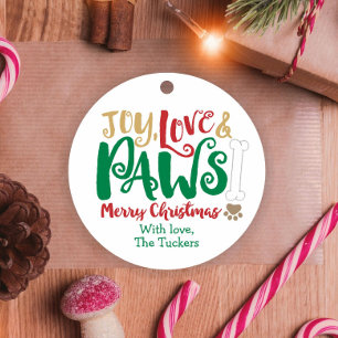 Étiquettes Cadeau Joy Love PAWS Chien Empreintes de pattes de Noël