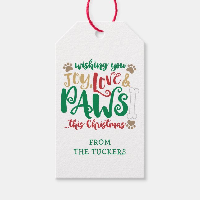 Étiquettes-cadeau Joy Love PAWS Chien Noël (Devant)