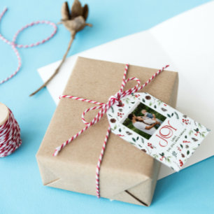 Étiquettes-cadeau Joy moderne Red Berry Botanical Photo de Noël