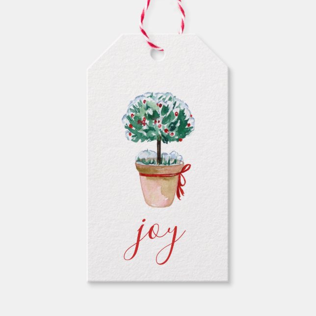 Étiquettes-cadeau Joy Script Aquarelle Noël Poted Topiary (Devant)
