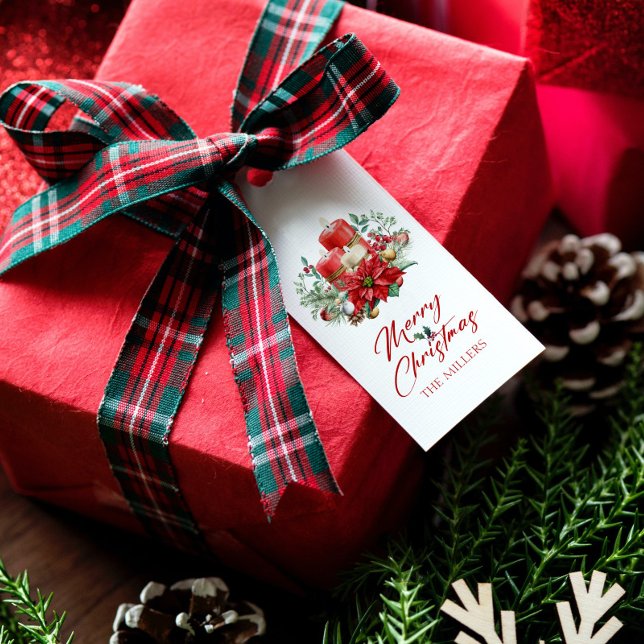 Étiquettes-cadeau Joyeuse ambiance de Noël fleurs et bouquet de boug (Créateur téléchargé)