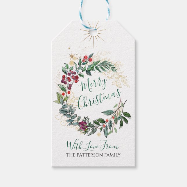 Étiquettes-cadeau Joyeuse aquarelle de Noël Holly Berry Wreath (Devant)