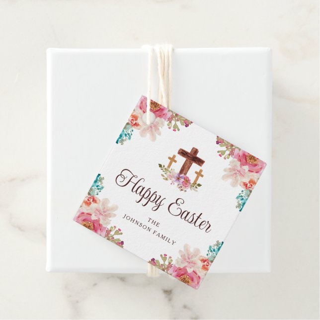 Étiquettes Cadeau Joyeuse aquarelle florale de Pâques Croix religieu (En situation)